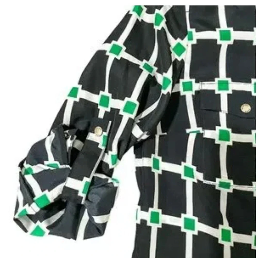 Michael Kors Womens Geometric Grid Full Zip Blouse Navy Green Long Sleeve Size S